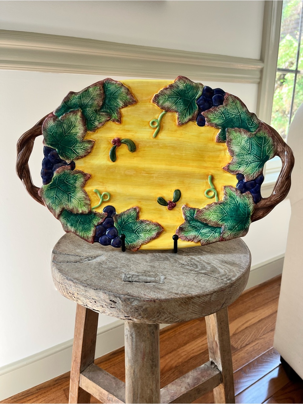 Fitz & Floyd Large Oval Platter Yellow Purple Grapes Vine Handled Vintage